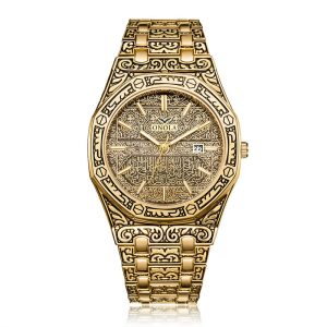 Vintage Engraved Octagon Men’s Quartz Watch, Waterproof Metal Bracelet Wristwatch with Calendar, Luxury Retro Carved Business Watch