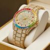 Luxury Gold Full Diamond Rainbow Treasure Circle Quartz Watch Fashion Trend Watch with Diamond Inlaid Waterproof Calendar Steel Strip Watch