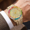 Luxury Gold Full Diamond Rainbow Treasure Circle Quartz Watch Fashion Trend Watch with Diamond Inlaid Waterproof Calendar Steel Strip Watch