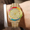 Luxury Gold Full Diamond Rainbow Treasure Circle Quartz Watch Fashion Trend Watch with Diamond Inlaid Waterproof Calendar Steel Strip Watch