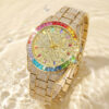 Luxury Gold Full Diamond Rainbow Treasure Circle Quartz Watch Fashion Trend Watch with Diamond Inlaid Waterproof Calendar Steel Strip Watch