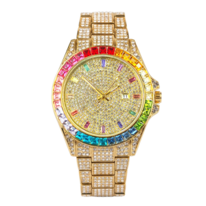 Luxury Gold Full Diamond Rainbow Treasure Circle Quartz Watch Fashion Trend Watch with Diamond Inlaid Waterproof Calendar Steel Strip Watch