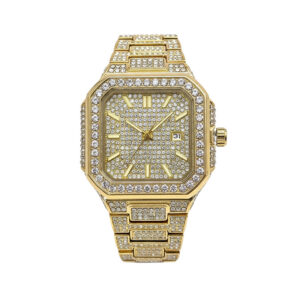 Full Diamond Octagonal Watch, Men's and Women's Steel Strap, Waterproof Calendar, Hip-Hop Rap Style, Quartz Watch