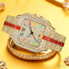 Full Diamond Square Quartz Watch, Color Roman Digital Gold Luxury Fashion Men's Quartz Watch