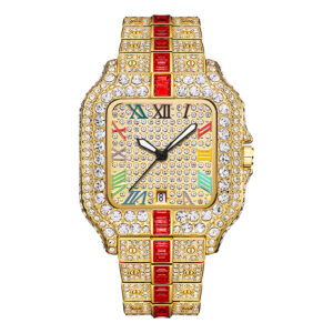 Full Diamond Square Quartz Watch, Color Roman Digital Gold Luxury Fashion Men's Quartz Watch