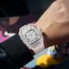 Tonneau Skeleton Men's Watch, Transparent Case, Silicone Band, Waterproof Sports Quartz Wristwatch