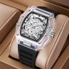 Tonneau Skeleton Men's Watch, Transparent Case, Silicone Band, Waterproof Sports Quartz Wristwatch