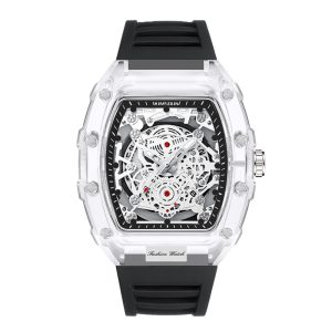 Tonneau Skeleton Men's Watch, Transparent Case, Silicone Band, Waterproof Sports Quartz Wristwatch