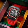 Men's Tonneau Skeleton Quartz Watch, Silicone Strap Waterproof Sports Fashion Wristwatch