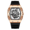 Men's Tonneau Skeleton Quartz Watch, Silicone Strap Waterproof Sports Fashion Wristwatch