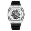 Men's Tonneau Skeleton Quartz Watch, Silicone Strap Waterproof Sports Fashion Wristwatch