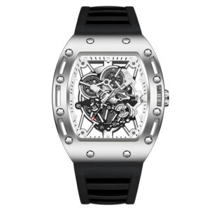 Men's Tonneau Skeleton Quartz Watch, Silicone Strap Waterproof Sports Fashion Wristwatch