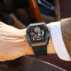 Men's Tonneau Chronograph Skeleton Quartz Watch, Silicone Strap Waterproof Sports Wristwatch