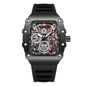 Men's Tonneau Chronograph Skeleton Quartz Watch, Silicone Strap Waterproof Sports Wristwatch
