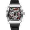 Men's Tonneau Chronograph Skeleton Quartz Watch, Silicone Strap Waterproof Sports Wristwatch