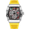 Men's Tonneau Chronograph Skeleton Quartz Watch, Silicone Strap Waterproof Sports Wristwatch