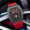 Men's Tonneau Skeleton Quartz Watch, Carbon Fiber Pattern Silicone Strap Waterproof Sports Wristwatch