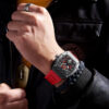 Men's Tonneau Skeleton Quartz Watch, Carbon Fiber Pattern Silicone Strap Waterproof Sports Wristwatch