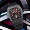 Men's Tonneau Skeleton Quartz Watch, Carbon Fiber Pattern Silicone Strap Waterproof Sports Wristwatch