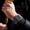 Men's Tonneau Skeleton Quartz Watch, Carbon Fiber Pattern Silicone Strap Waterproof Sports Wristwatch
