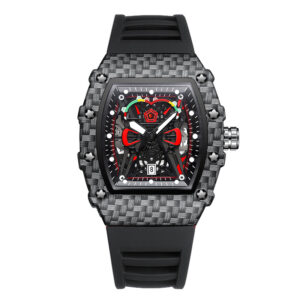 Men's Tonneau Skeleton Quartz Watch, Carbon Fiber Pattern Silicone Strap Waterproof Sports Wristwatch