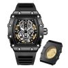Men's Tonneau Hollow Dial Quartz Watch, Silicone Strap, Large Case Waterproof Sports Wristwatch