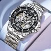 Men Skeleton Automatic Mechanical Watch, Stainless Steel Band, Double Hollow Dial Waterproof Wrist Watch