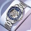 Men Skeleton Automatic Mechanical Watch, Stainless Steel Band, Double Hollow Dial Waterproof Wrist Watch