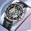 Men Skeleton Automatic Mechanical Watch, Stainless Steel Band, Double Hollow Dial Waterproof Wrist Watch