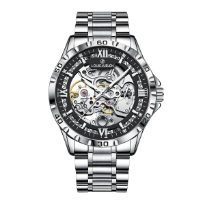 Men Skeleton Automatic Mechanical Watch, Stainless Steel Band, Double Hollow Dial Waterproof Wrist Watch